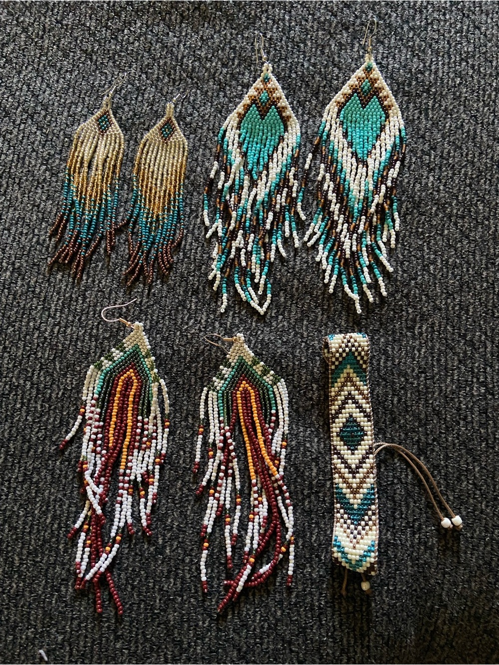 Handmade Beaded Fringe Earrings and Bracelet Set - Turquoise, Brown, Gold